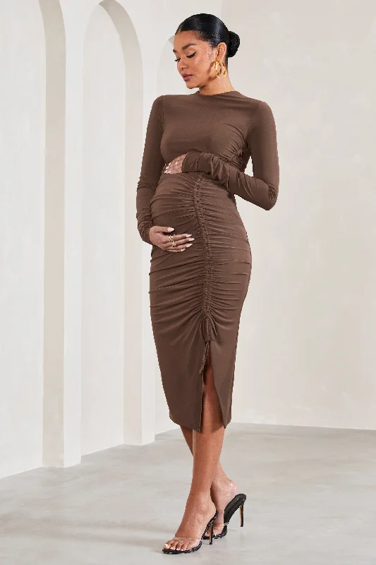Weekend Flash Sale Eternal | Chocolate Brown Ruched Long-Sleeved Split Maternity Midi Dress