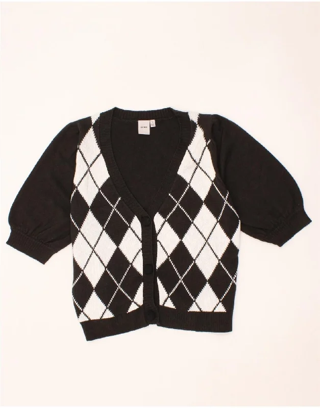 ICHI Womens Short Sleeve Cardigan Sweater UK 10 Small Black Argyle/Diamond