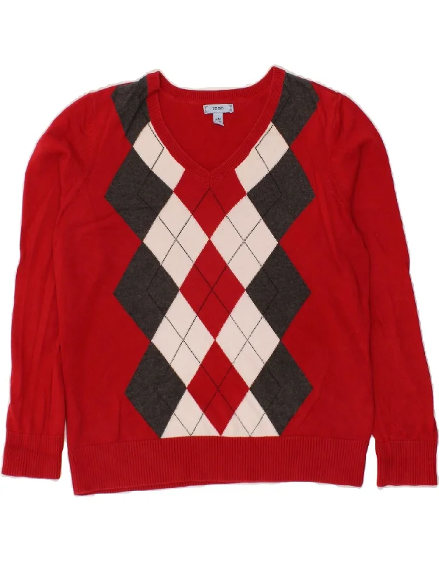 IZOD Womens V-Neck Jumper Sweater UK 16 Large Red Argyle/Diamond Cotton