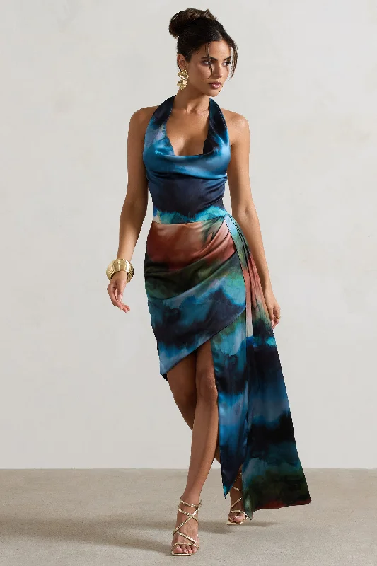 Deal Frenzy Bali | Blue Blur Print Satin Cowl-Neck Draped Mini Dress