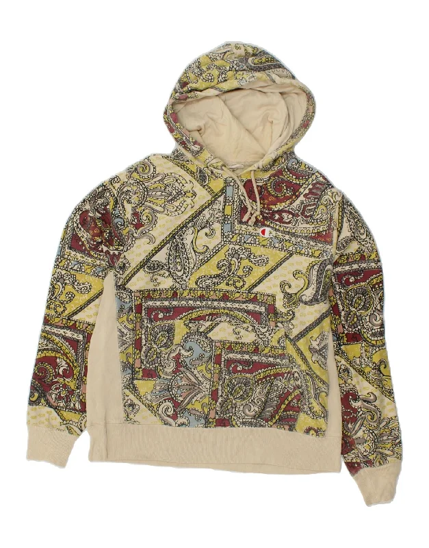 CHAMPION Womens Reverse Weave Hoodie Jumper UK 16 Large Beige Paisley