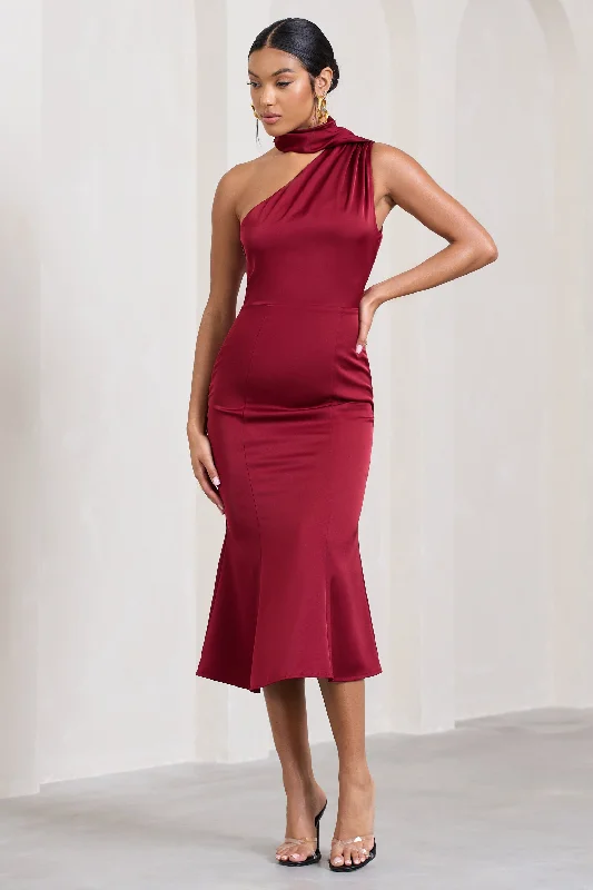 Overstock Golden Girl | Burgundy Satin One Shoulder High-Neck Flared Midi Dress