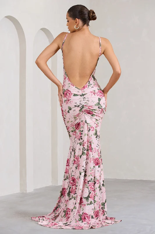 Super Savings Adele | Pink Floral Print Backless Ruched Fishtail Cami Maxi Dress