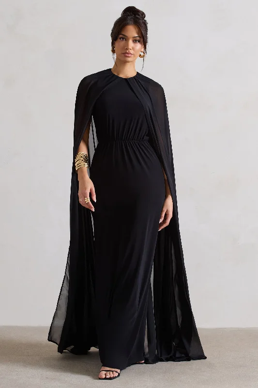 Price Smash Envy | Black Gathered Maxi Dress With Chiffon Cape