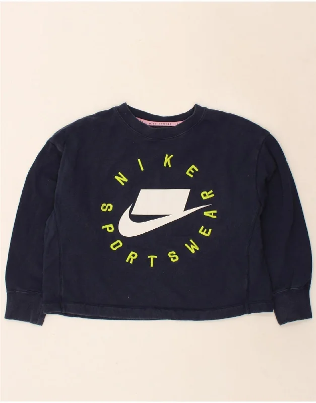 NIKE Womens Oversized Crop Graphic Sweatshirt Jumper UK 6 XS Navy Blue