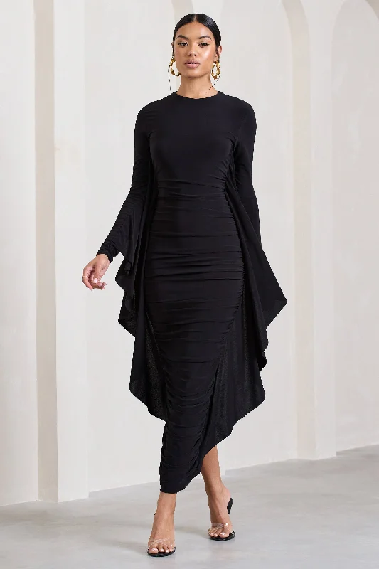 Deal of the Day Keva | Black Long Sleeve Ruched Maxi Dress with Cape Detailing