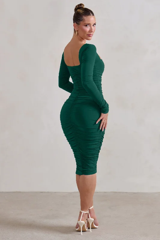 Can't Be Beat Seductress | Bottle Green Square Neck Bodycon Midi Dress With Long Sleeves