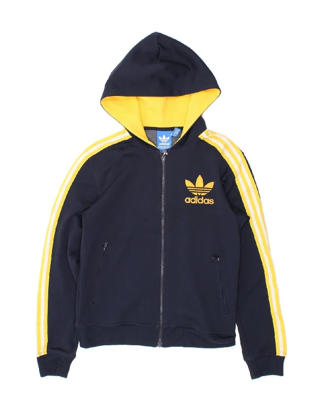 ADIDAS Womens Graphic Zip Hoodie Sweater UK 6 XS Navy Blue Colourblock