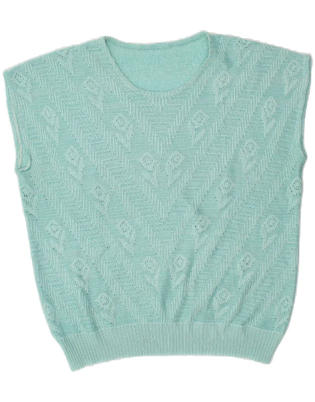 VINTAGE Womens Short Sleeve Crew Neck Jumper Sweater UK 16 Large Turquoise