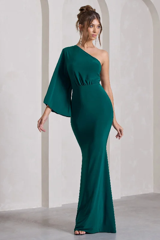 Deal Mania Luciana | Bottle Green One Shoulder Drape Sleeve Maxi Dress