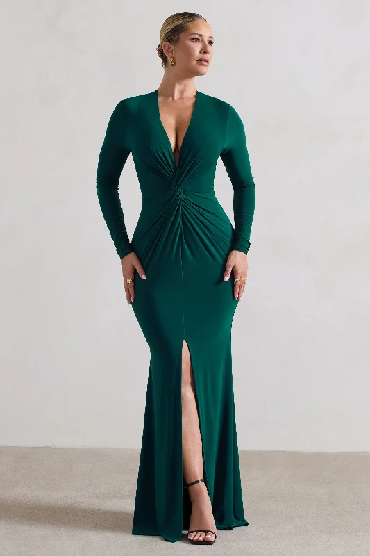 Today's Special Tianna | Bottle Green Plunge-Neck Twisted Split Maxi Dress