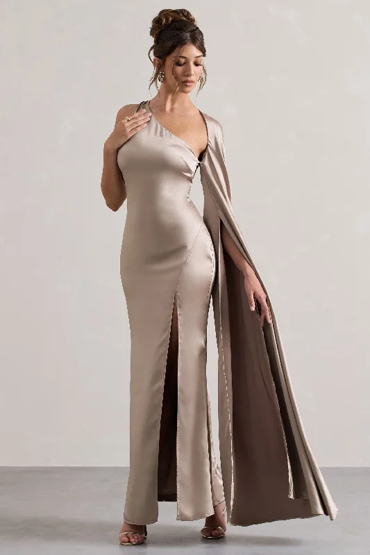 Year-End Sale Gala | Taupe Satin One-Shoulder Cape Sleeve Split Maxi Dress