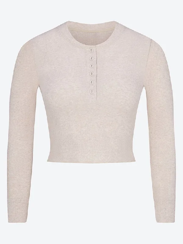 Cotton rib crop long sleeve henley