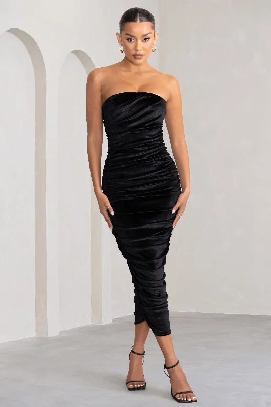 Don’t Miss Out My Lady | Black Velvet Strapless Bodycon Ruched Maxi Dress
