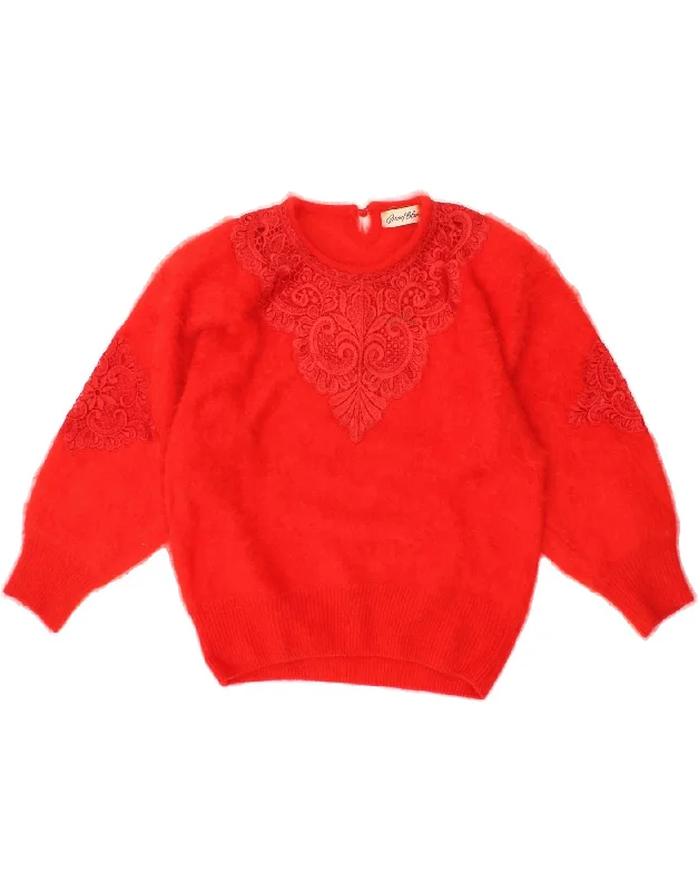 VINTAGE Womens Crew Neck Jumper Sweater UK 14 Medium Red Floral Angora