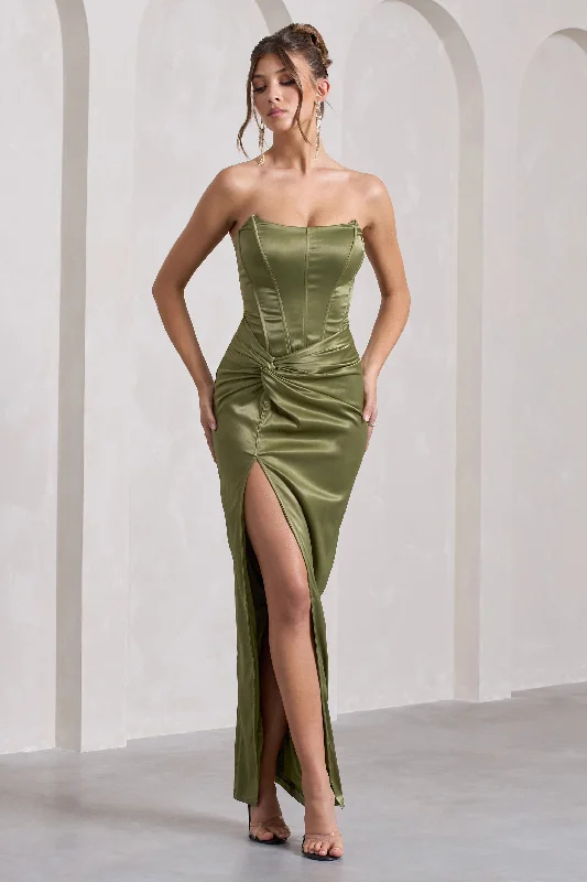 Hurry In Romancing | Olive Thigh Split Corset Strapless Maxi Dress