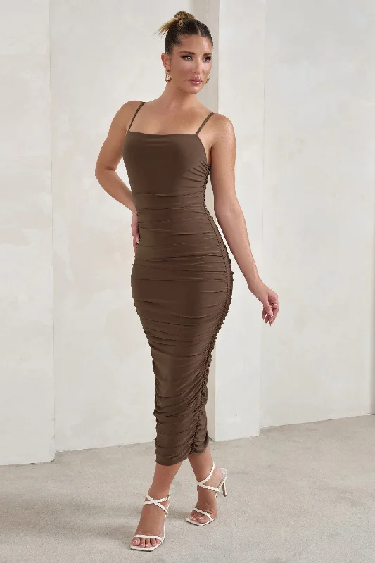 Huge Discounts Saffy | Brown Cami Mesh Ruched Midi Dress