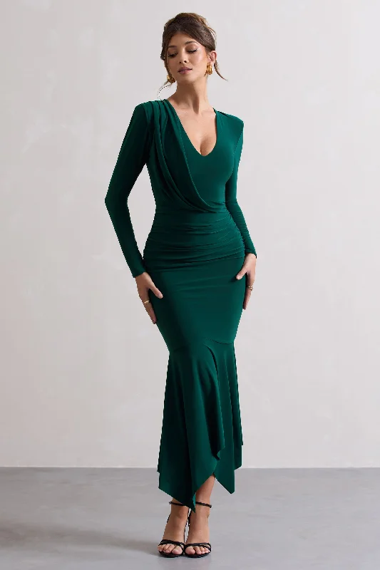 Shop and Save Milena | Bottle Green Plunge-Neck Maxi Dress With Draped Hem