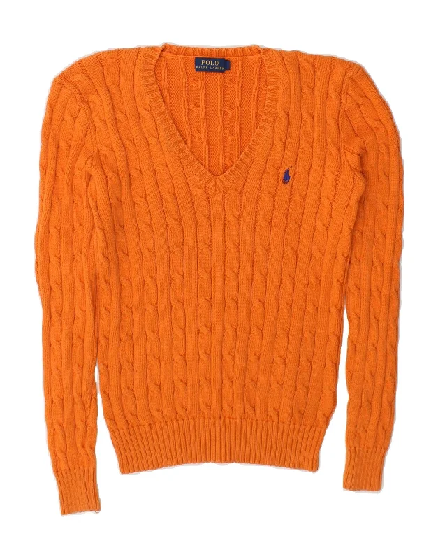 POLO RALPH LAUREN Womens V-Neck Jumper Sweater UK 10 Small Orange Cotton