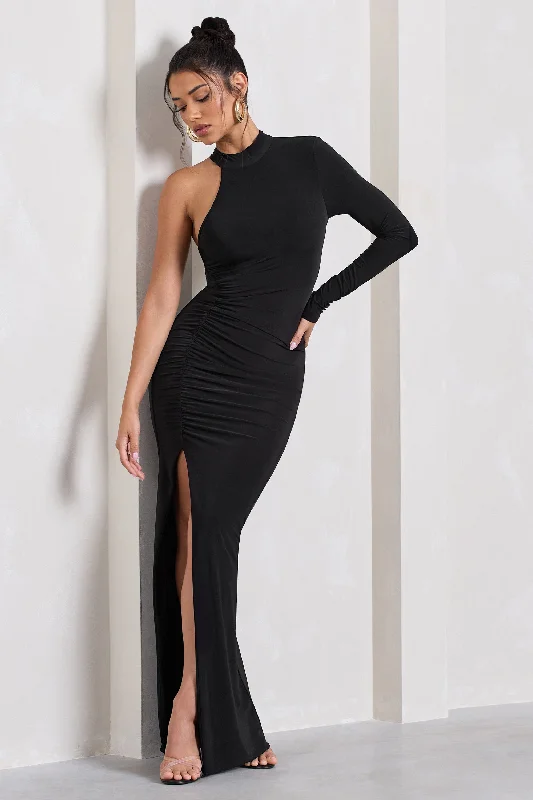 New Markdowns Alina | Black Ruched High-Neck Asymmetric Split Maxi Dress
