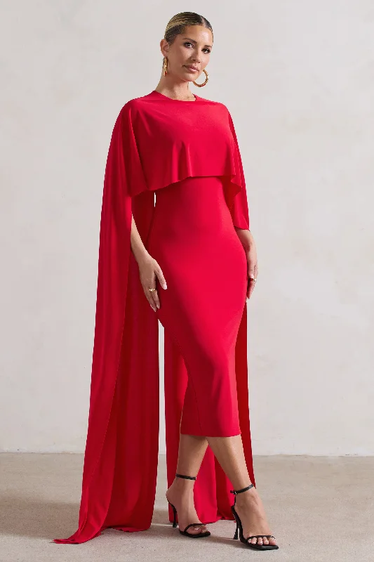 Super Bargain Camellia | Red Midi Dress With High-Low Cape