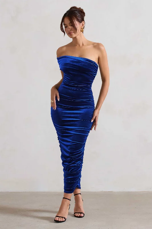 Now or Never Remember Me | Cobalt Blue Velvet Ruched Asymmetric Bodycon Midi Dress