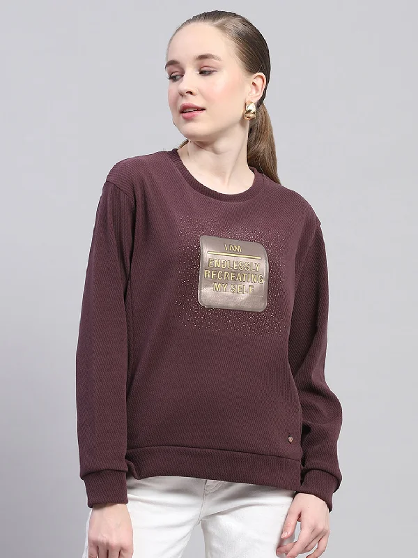 Women Maroon Printed Round Neck Full Sleeve Sweatshirt