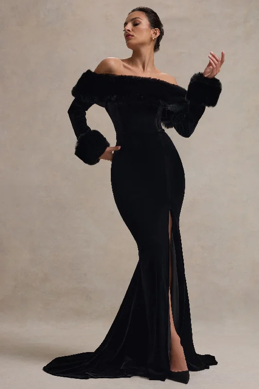 Closeout Mystique | Black Bardot Split Maxi Dress With Fur Trims