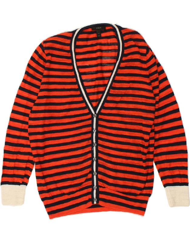 J. CREW Womens 3/4 Sleeve Cardigan Sweater UK 14 Large Red Striped Cotton