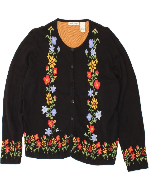 ORVIS Womens Graphic Cardigan Sweater UK 14 Large Black Floral Cotton