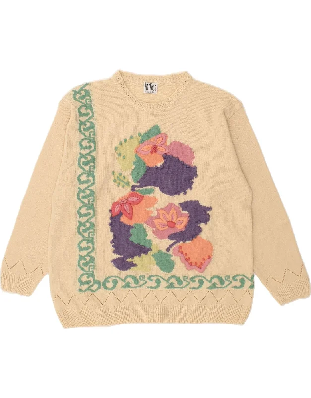 VINTAGE Womens Crew Neck Jumper Sweater UK 14 Medium Beige Floral