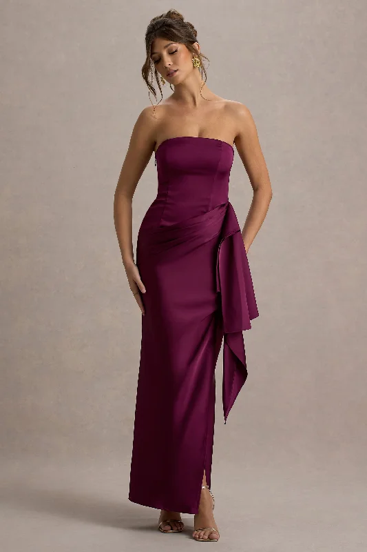 Act Now Loz | Burgundy Satin Bandeau Draped Maxi Dress