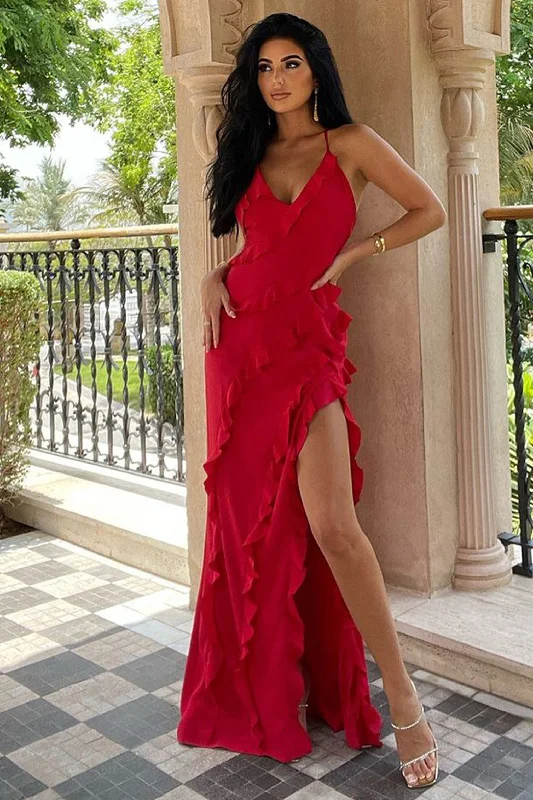 Savings Alert Run The World | Red Plunge Neckline Ruffle Maxi Dress