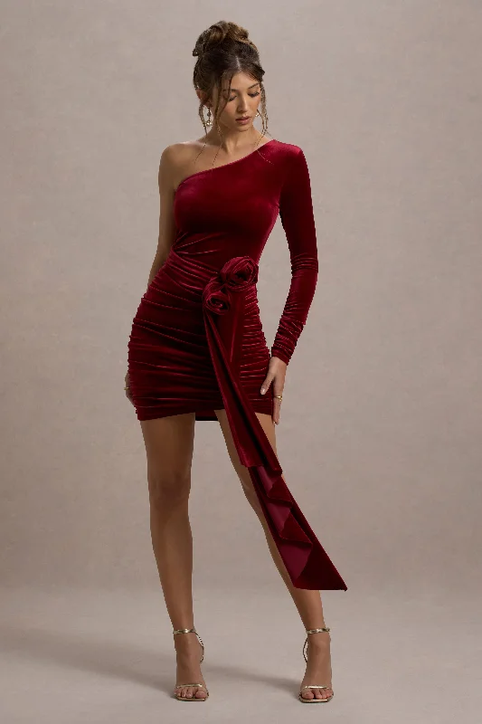 Price Meltdown Saint Moritz | Berry Velvet One Sleeve Mini Dress With Flower Drape