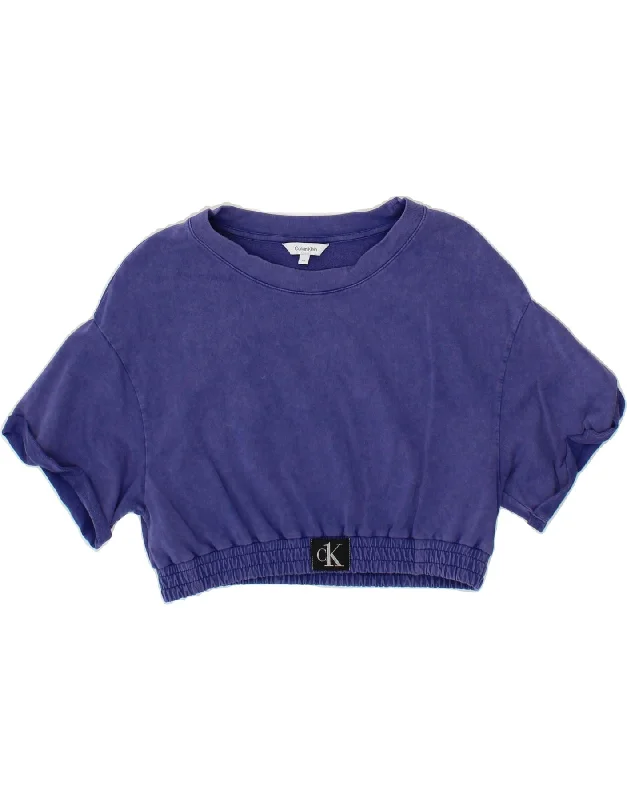 CALVIN KLEIN Womens Crop Short Sleeve Sweatshirt Jumper UK 6 XS Purple