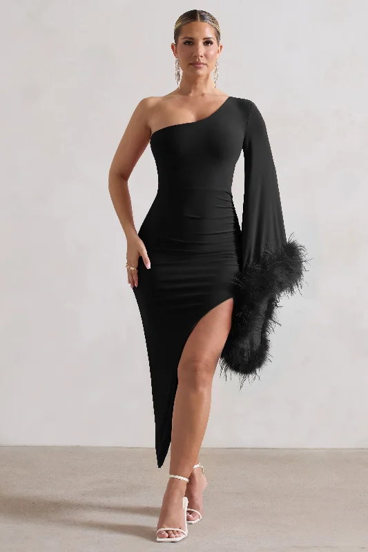 Markdown Madness July | Black Asymmetric One Shoulder Cape Midi Dress With Feathers