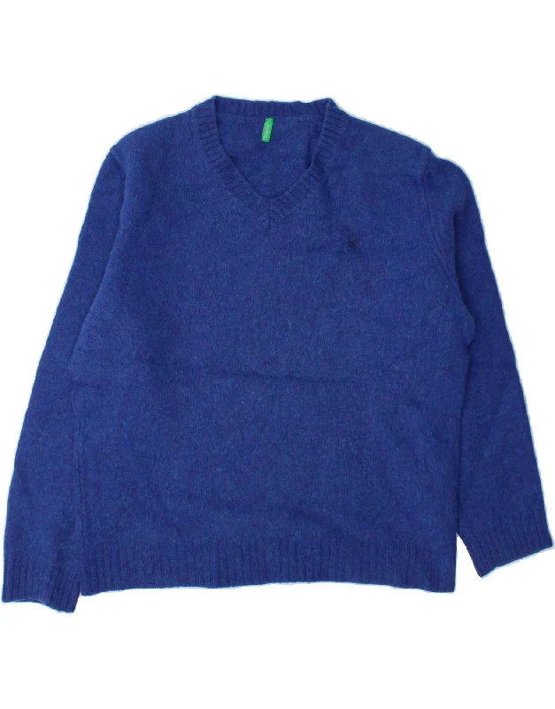 BENETTON Womens V-Neck Jumper Sweater UK 20 2XL Blue Virgin Wool