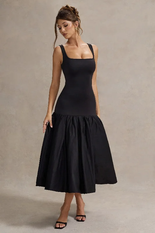 Midnight Madness Parida | Black Poplin Drop-Waist Maxi Dress With Peplum Hem