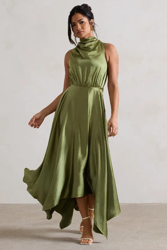 Price Drop Kerri | Olive Green Satin Cowl-Neck Maxi Dress