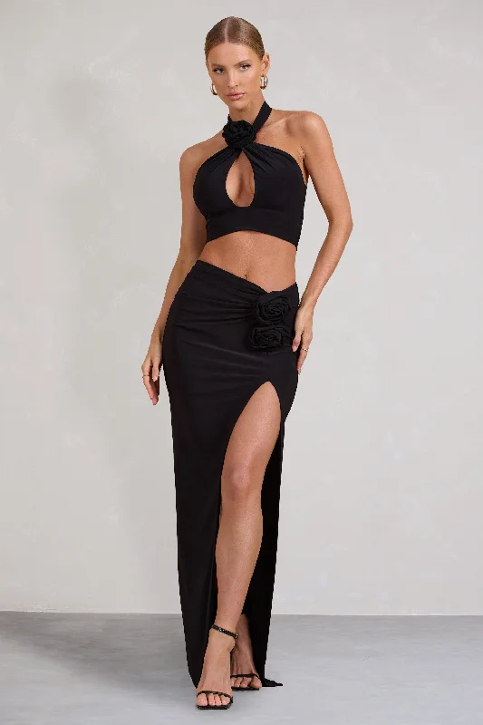 New Markdowns Your Angel | Black Thigh Split Maxi Skirt With Flowers