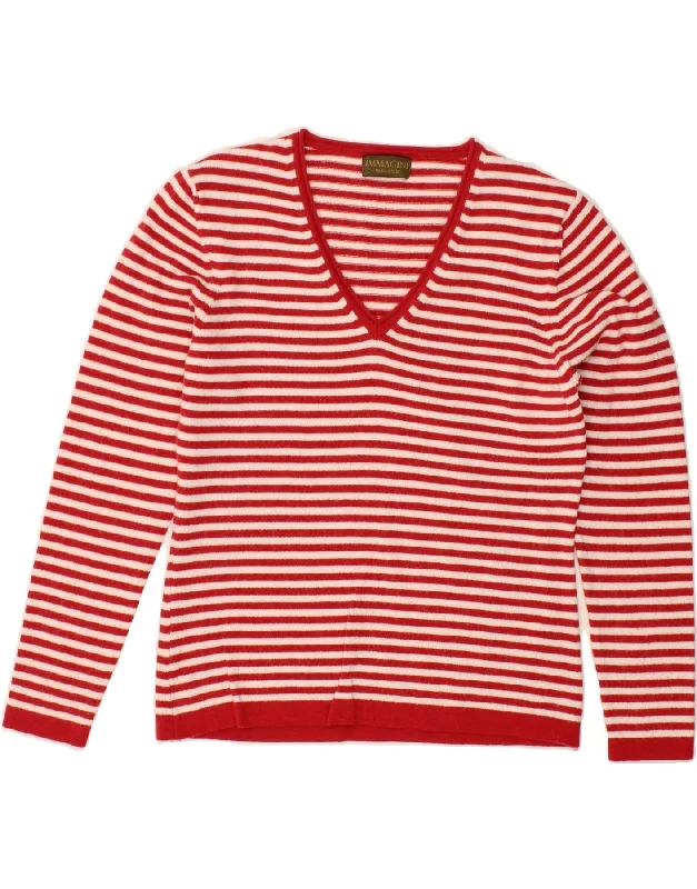 IMMAGINI Womens V-Neck Jumper Sweater UK 12 Medium Red Striped Merino Wool