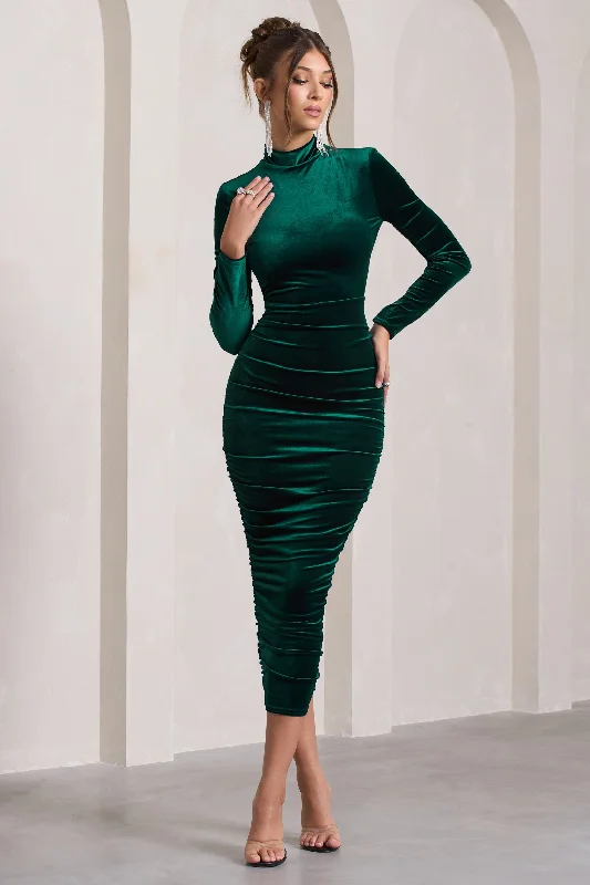 Low Prices Joanna | Bottle Green Velvet High-Neck Backless Midi Dress