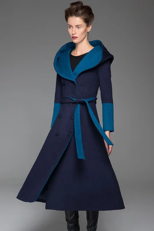 Navy blue long wool coat for winter with hood 1416#