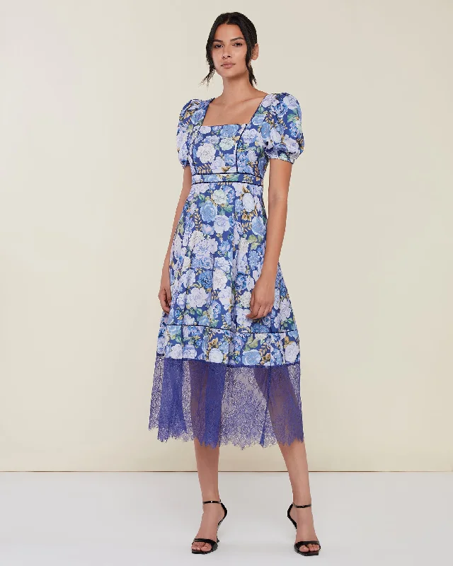 Referral Discount Puff Sleeve Lace Trim Midi Dress