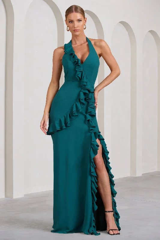 Midnight Madness Morning | Bottle Green Ruffled Halter-Neck Split Maxi Dress