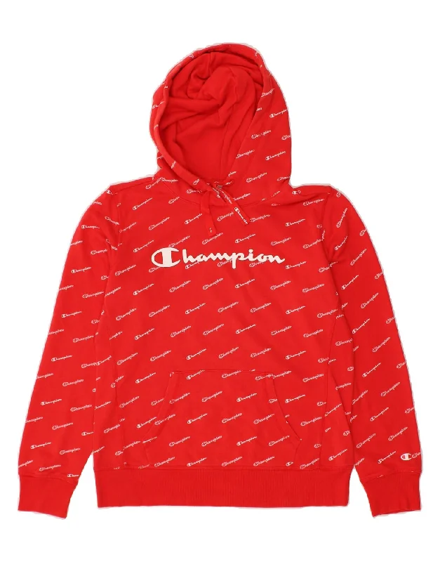 CHAMPION Womens Graphic Hoodie Jumper UK 16 Large Red Cotton