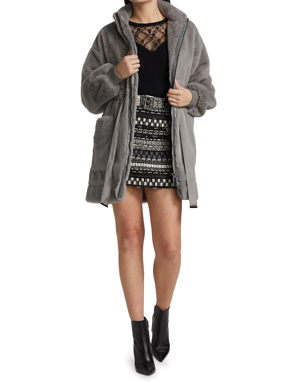 Evie Faux Fur Coat - Slate Grey