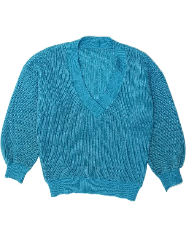 VINTAGE Womens V-Neck Jumper Sweater UK 16 Large Blue