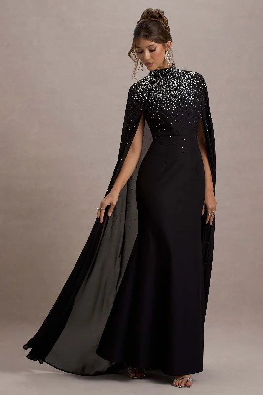 Midnight Sale The Shallows | Black Embellished High-Neck Maxi Dress With Chiffon Cape