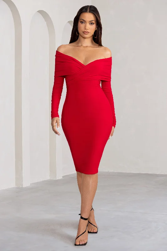 Special Offer Flatter Me | Red Twist Front Bardot Midi Dress